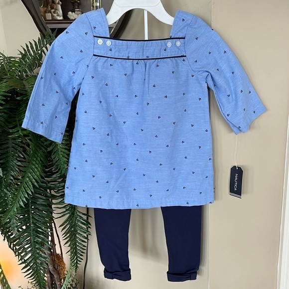 Brand New Nautica 2-Piece Girls Set Chambray Blouse Blue Leggings Nautical Boats - Picture 1 of 14